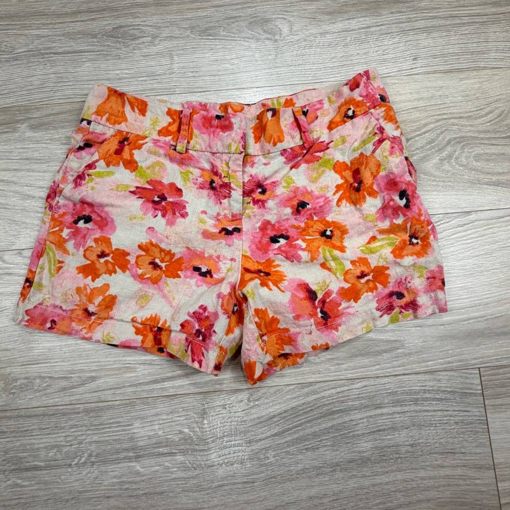 Loft Womens Linen Blend Floral‎ Shorts Pink Orange Watercolor Print Size 4
